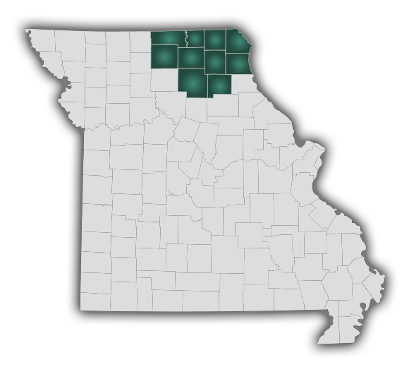 A map of Missouri counties, highlighting the counties, served on the map